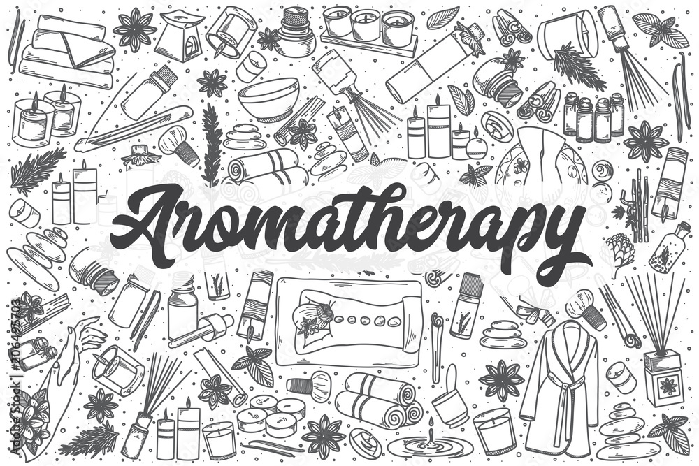 Hand drawn aromatherapy vector doodle set.