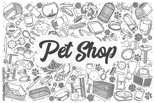 Hand drawn pet shop vector doodle set.