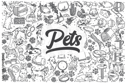 Hand drawn pets vector doodle set.