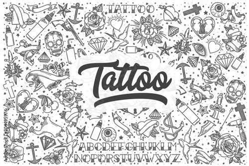 Hand drawn tattoo vector doodle set.