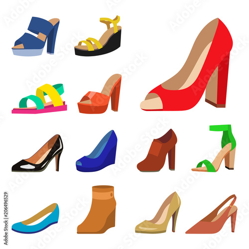 Womens shoes vector flat fashion design collection of leather colored moccasins shoes sandals illustration