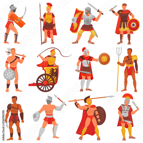 Gladiator vector roman warrior character in armor with sword or weapon and shield in ancient Rome illustration set of greek man warrio fighting in war isolated on white background