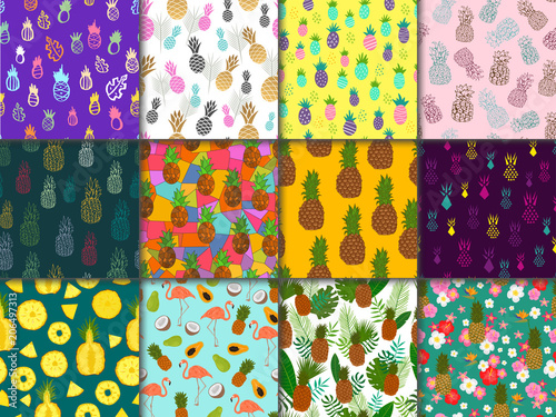 Pineapple seamless pattern vector ananas or tropical fresh fruit with flaming...