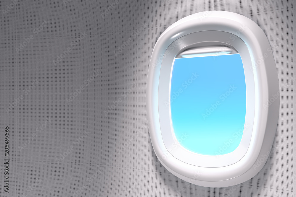 Fototapeta premium 3d rendering close-up shot of white open airplane window with copy space on blue sky background with clipping path.