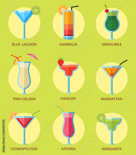 Set of alcoholic cocktails fruit cold drinks tropical cosmopolitan freshness collection and party alcohol sweet tequila vector illustration.