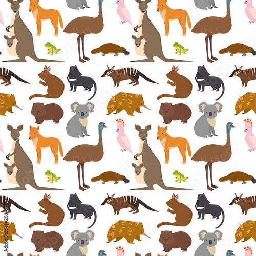 Australia wild animals cartoon popular nature characters seamless pattern background flat style mammal collection vector illustration. © creativeteam