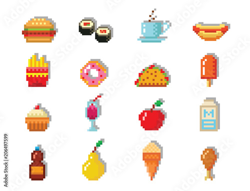 Pixel art food computer design icons vector illustration restaurant pixelated element fast food retro game web graphic.