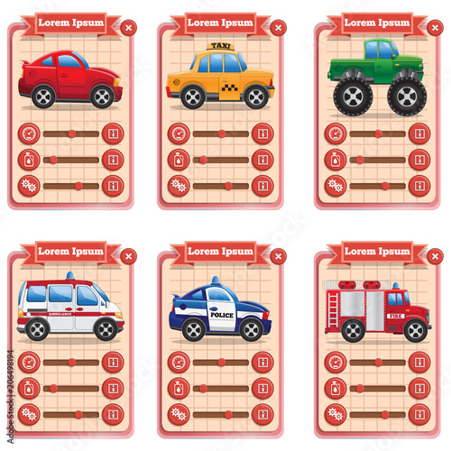 Game cards with with service cars. Vector illustration.