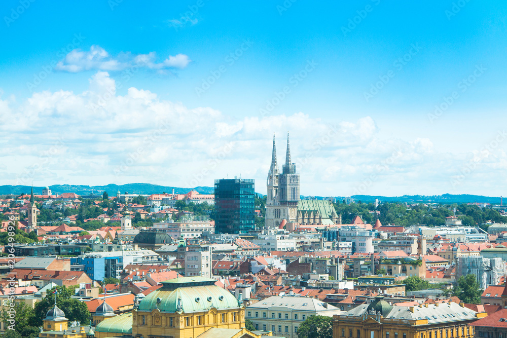 Panoramic view on rooftops in Zagreb center and catholic cathedral, urban city landscape, Croatia 
