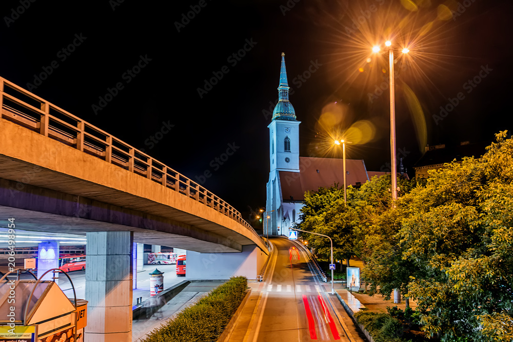 Naklejka premium Bratislava, Slovakia May 23, 2018: St. Martin's Cathedral in Bratislava, by night. Long exposure of St. Martin's Cathedral .