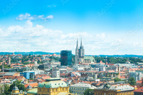 Panoramic view on rooftops in Zagreb center and catholic cathedral, urban city landscape, Croatia 