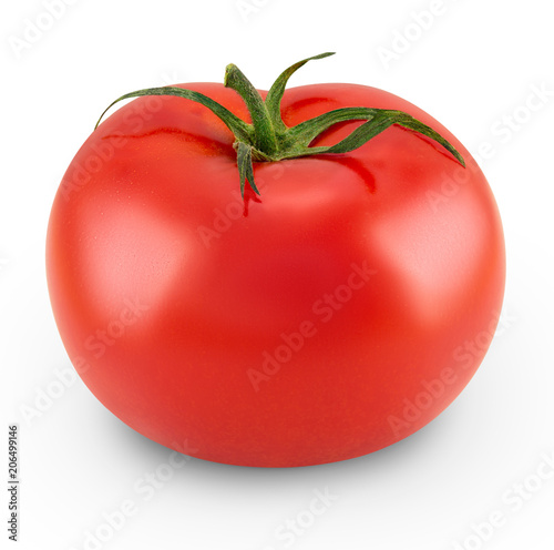 Tomato isolated on white background. Close up macro photo of fresh red tomato plant. Side view. Focus stacking. Full depth of field
