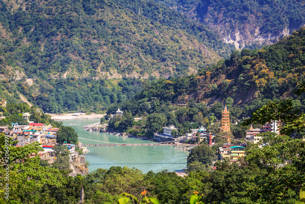 Top view of Ganges India Rishikesh passing through the mountains