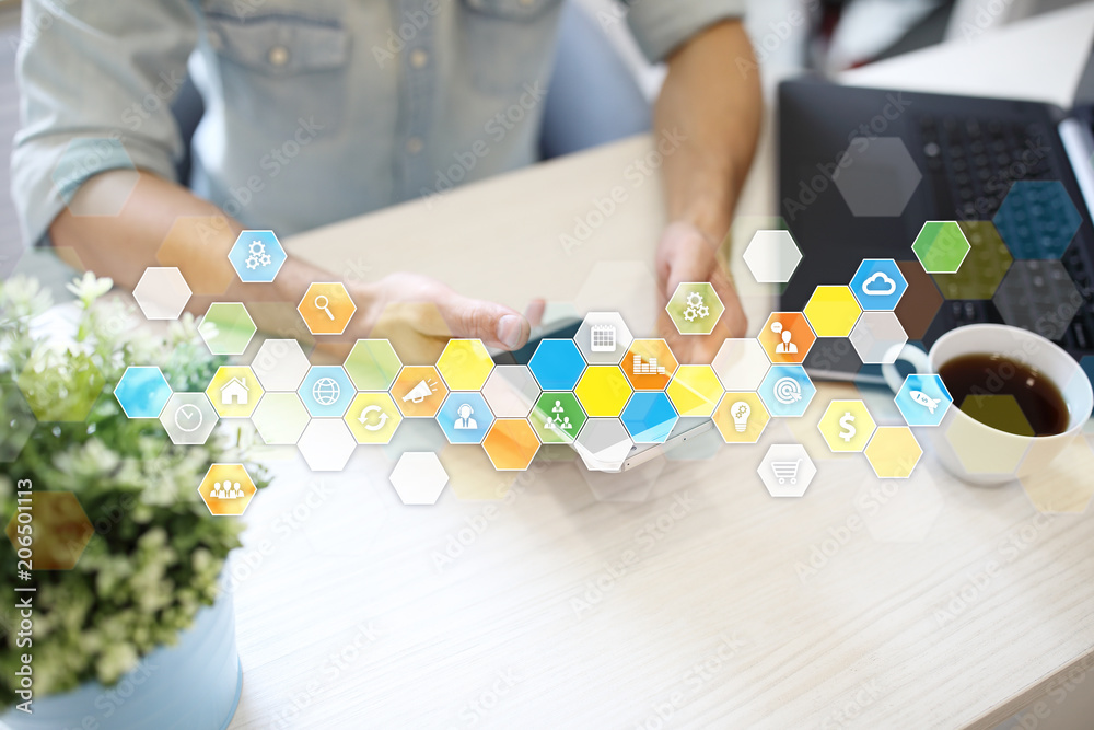 Colored applications icons and graphs on virtual screen. Business, internet and technology concept. Colored applications icons and graphs on virtual screen. Business, internet and technology concept.