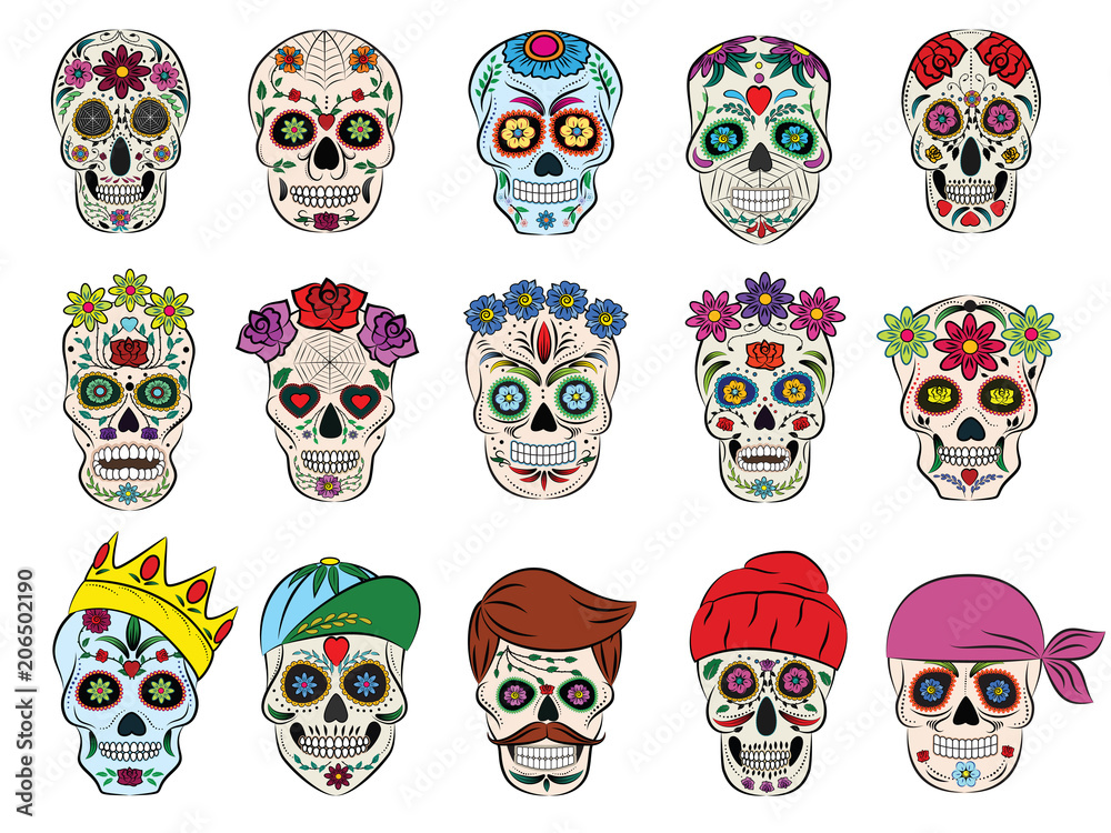 Skull vector mexican flowered dead head and flowering crossbones and human tattoo illustration thick-skulled set of horror symbol of death or evil in Mexico isolated on white background