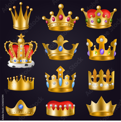 Crown vector golden royal jewelry symbol of king queen and princess illustration sign of crowning prince authority and crown jeweles set isolated on background