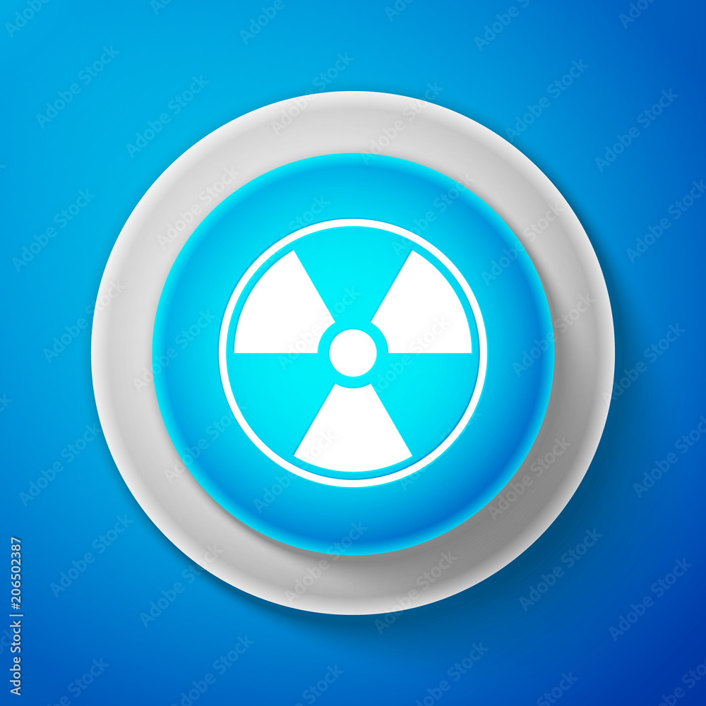 White Radioactive icon isolated on blue background. Radioactive toxic symbol. Radiation Hazard sign. Circle blue button with white line. Vector Illustration