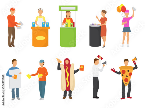 Advertising people vector advertiser or promoter character promoting advertisement on promo stand or illustration set of man in costume distributing advertised flyers isolated on white background