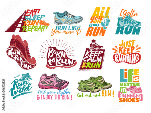 Run lettering on running shoes vector sneakers or trainers with text signs for typography illustration set of runners inscriptions run for fun isolated on white background photo