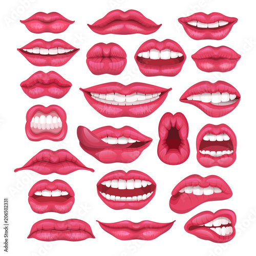 Lip vector cartoon beautiful red lips in kiss or smile and fashion lipstick and sexy mouth kissing lovely on valentines day set illustration isolated on white background