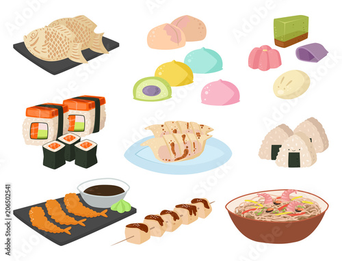 Japan vector food traditional meal cooking culture sushi roll and seafood lunch japanese asian cuisine illustration