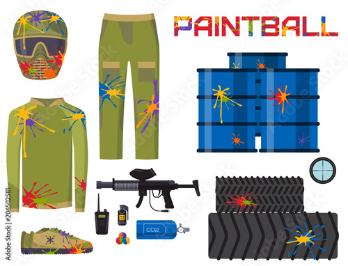 Paintball club icons protection uniform and sport game design elements equipment target vector illustration