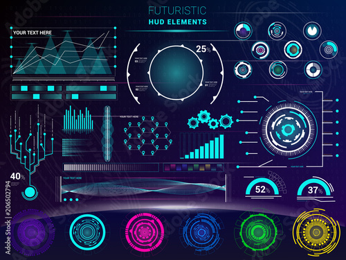 Interface vector interfaced spacepanel and hud dashboard futuristicwith interfacing hologram technology on digital bar interfacial screen on spaceship illustration set