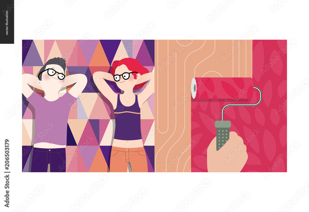 Simple things - color - flat cartoon vector illustration of hand holding  paint roller painting with red paint, leaf design, young couple, picnic,  triangle patterned purple plaid - colour composition Stock Vector | Adobe  Stock