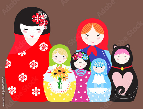 Matryoshka vector traditional russian nesting doll toy with handmade ornament figure pattern with child face and babushka woman souvenir illustration.
