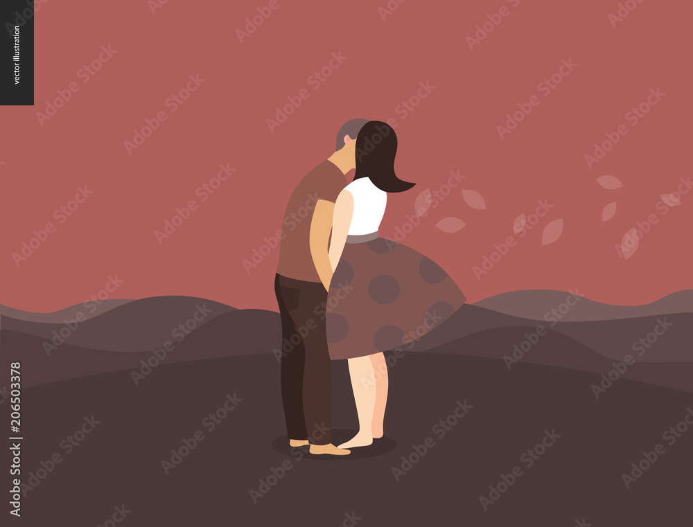 Kissing scene - flat cartoon vector illustration of young couple, boyfriend and girlfriend, kissing, romantic scene with red hills, leaves and mounains on the background, sunrise, sunset - composition Stock Vector | Adobe Stock Kissing scene - flat cartoon vector illustration of young couple, boyfriend and girlfriend, kissing, romantic scene with red hills, leaves and mounains on the background, sunrise, sunset - composition Stock Vector | Adobe Stock