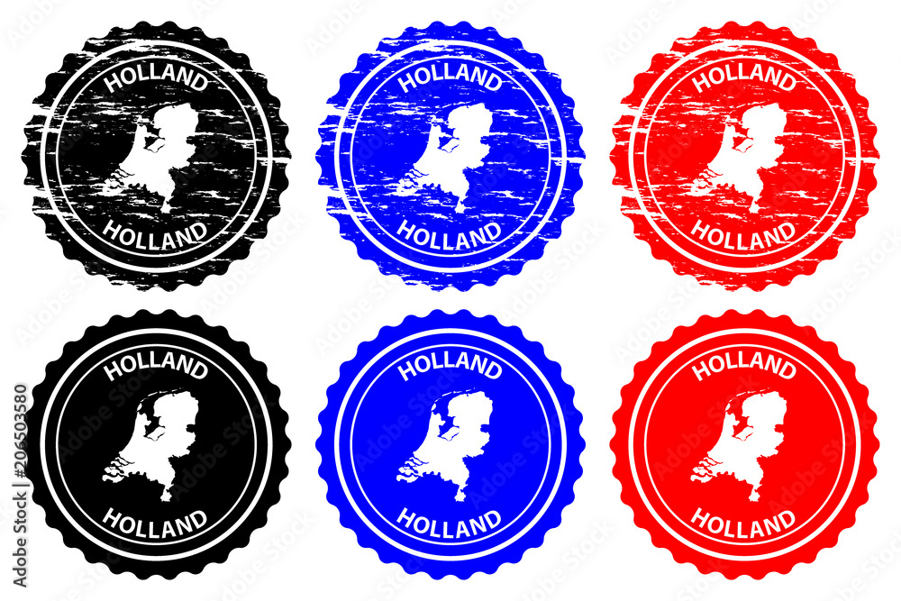 Netherlands - rubber stamp - vector, Holland map pattern - sticker - black, blue and re