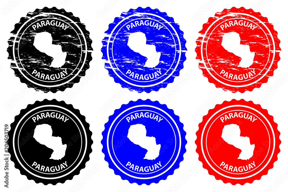 Obraz premium Paraguay - rubber stamp - vector, Republic of Paraguay map pattern - sticker - black, blue and red