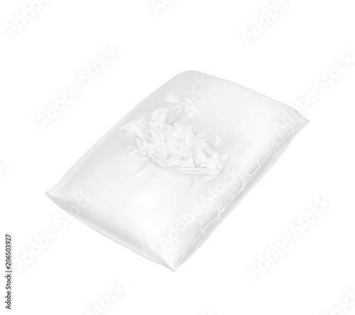Vector 3d realistic torn square pillow. Template, mock up of white fluffy comfortable cushion with feathers for relaxation, sleep, nap, bedding, rest. Injured pillowcase.