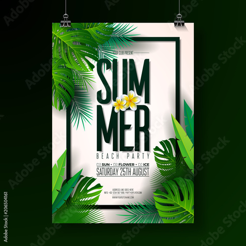 Vector Summer Beach Party Flyer Design with typographic elements on exotic leaf background. Summer nature floral elements, tropical plants, flower. Design template for banner, flyer, invitation
