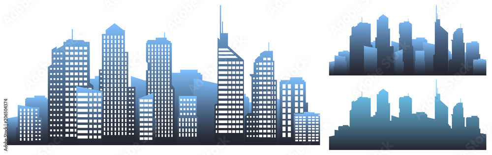 Monochromatic city panorama. 
illustration of flat colored silhouettes of buildings