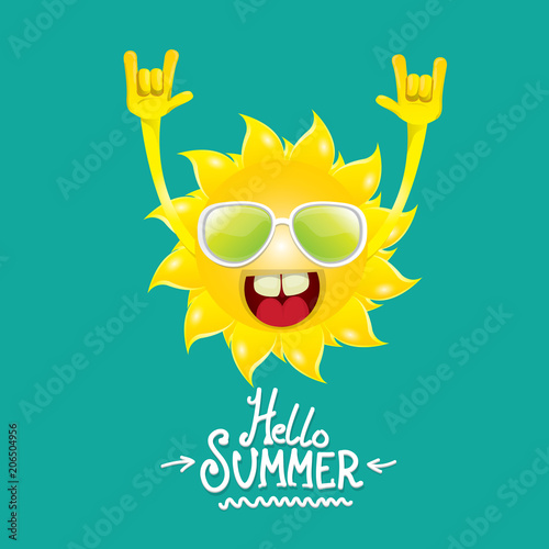 hello summer funky rock n roll vector label isolated on azure. summer party background with funky sun character design template. vector summer party poster