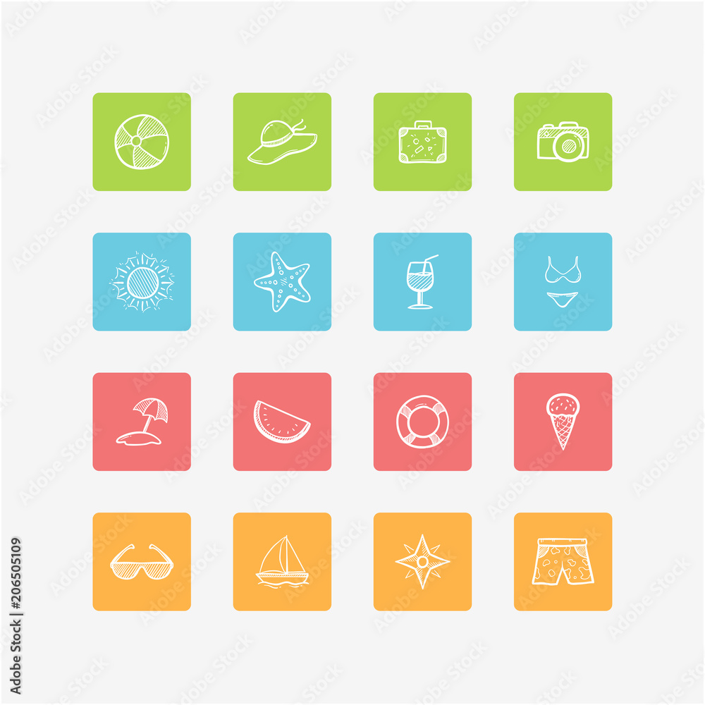Set of Square style Hand drawn Summer Holidays Icons white Outline Set of Square style Hand drawn Summer Holidays Icons white Outline