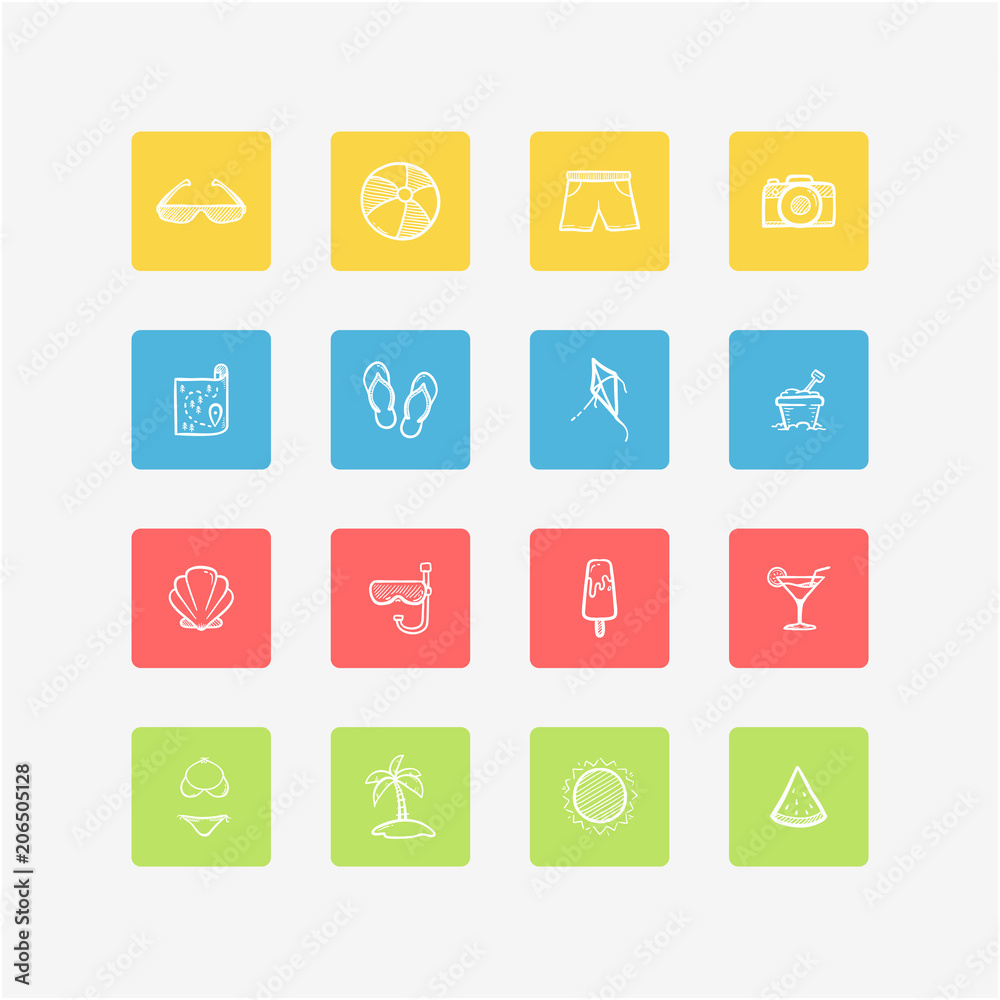 Set of Square style white Outline Hand drawn Summer Holidays Icons Set of Square style white Outline Hand drawn Summer Holidays Icons