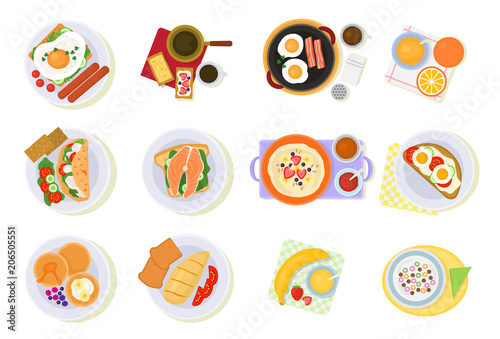 Breakfast vector coffee and fried eggs with croissant and fruits in the morning break illustration set of healthy food porridge or cereal isolated on white background