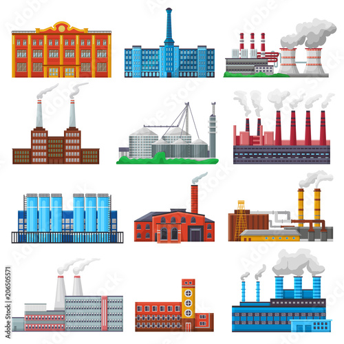 Factory vector industrial building and industry or manufacture with engineering power illustration set of manufacturing construction producing energy or electricity isolated on white background