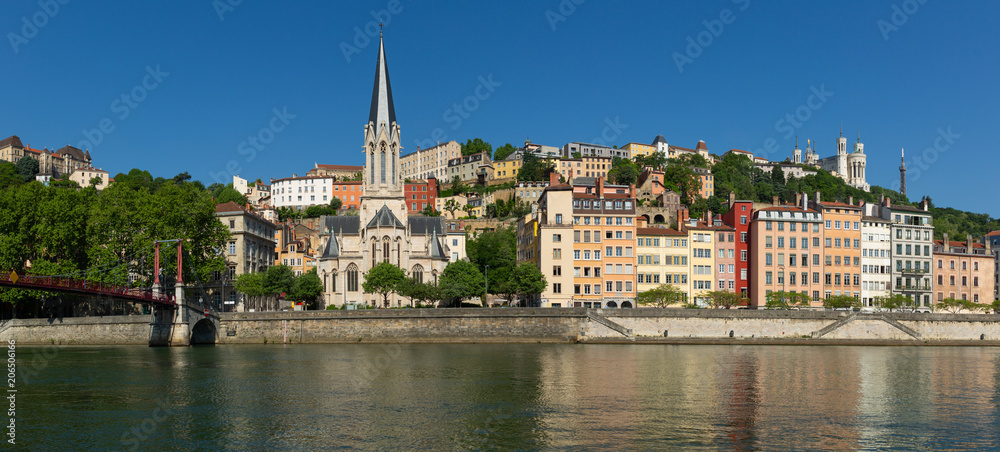 View at the historical buildings of UNESCO world heritage site Vieux-Lyon over the Saone river. Lyon, France.