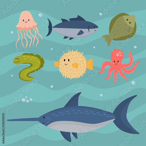 Sea animals vector creatures characters cartoon ocean wildlife marine underwater aquarium life water graphic aquatic tropical beasts illustration.