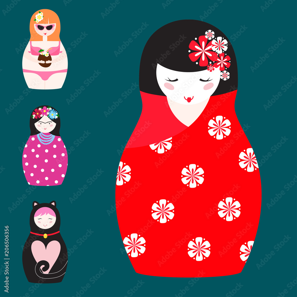 Matryoshka vector traditional russian nesting doll toy with handmade ornament figure pattern with child face and babushka woman souvenir illustration. Matryoshka vector traditional russian nesting doll toy with handmade ornament figure pattern with child face and babushka woman souvenir illustration.