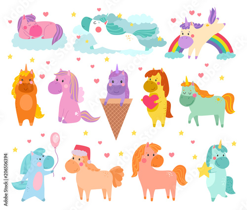Pony vector cartoon unicorn or baby character of girlish horse with horn and ...