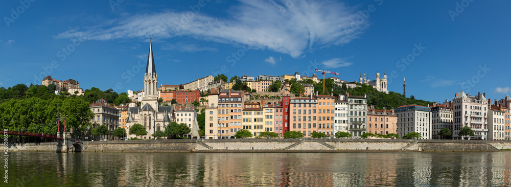 Panorama of the colorful buildings of UNESCO world heritage site Vieux-Lyon over the Saone river. Lyon, France.
