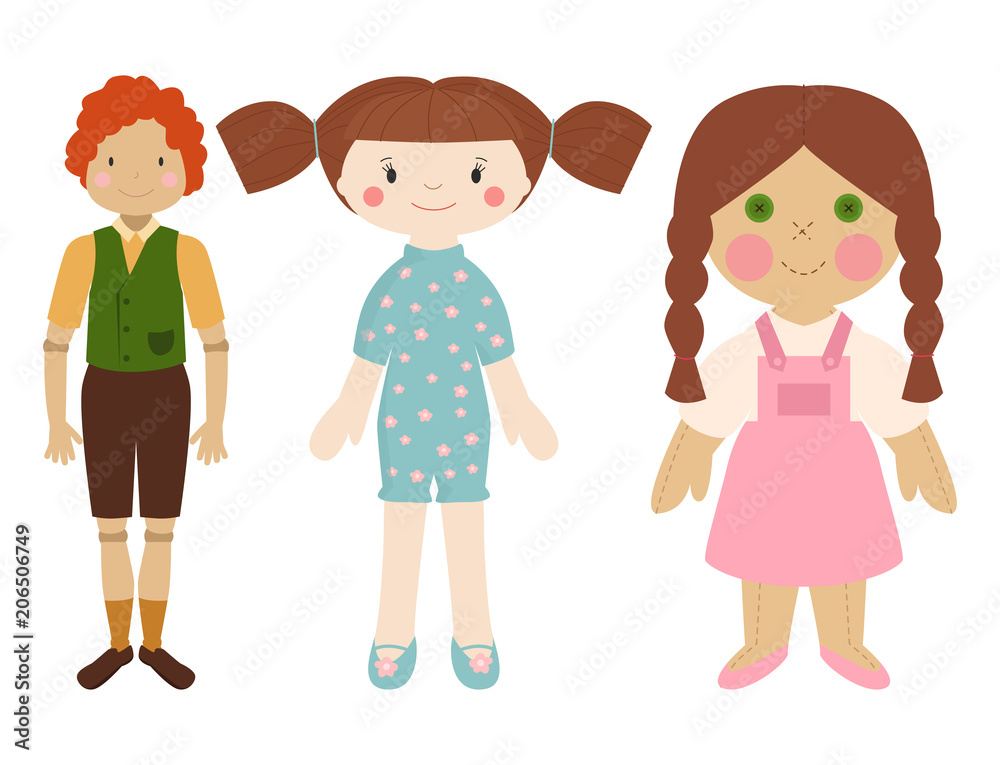 Dolls toy character game dress and farm scarecrow rag-doll vector illustration Dolls toy character game dress and farm scarecrow rag-doll vector illustration