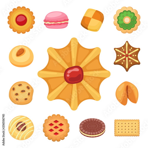Different cookie cakes top view sweet food tasty snack biscuit sweet dessert vector illustration.