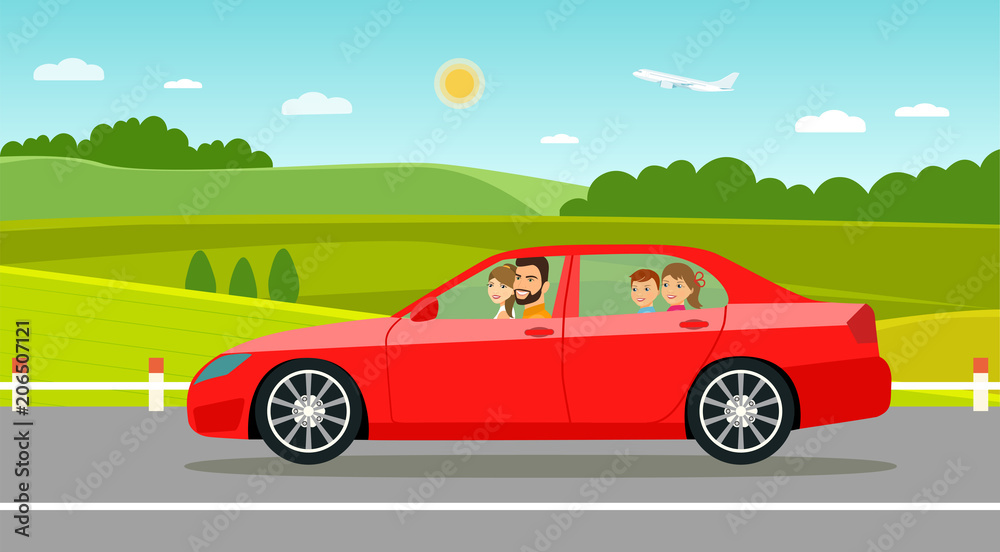 Funny  family driving in car on weekend holiday. Summer landscape.Vector flat style illustration