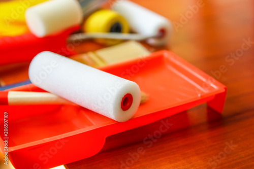 Tableau sur toile Home repair tools. Rollers for wall coloring close up.