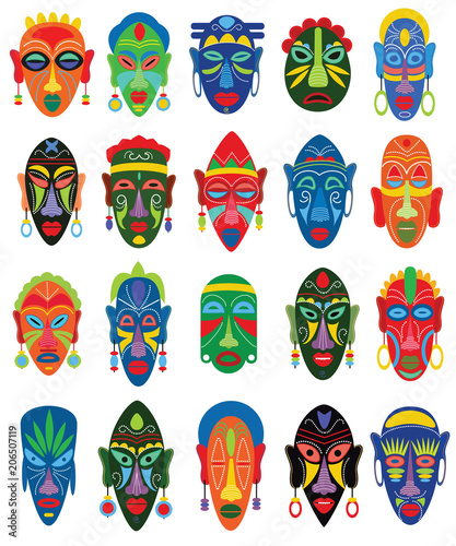 Tribal mask vector African face masque and masking ethnic culture in Africa illustration set of traditional masked symbol isolated on white background